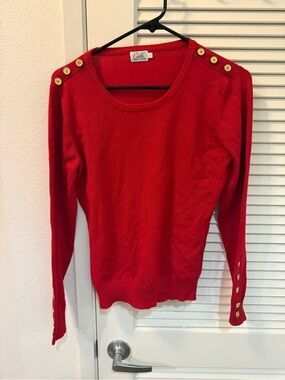 Cielo Red Crewneck Sweater with Gold-Tone Buttons  LARGE